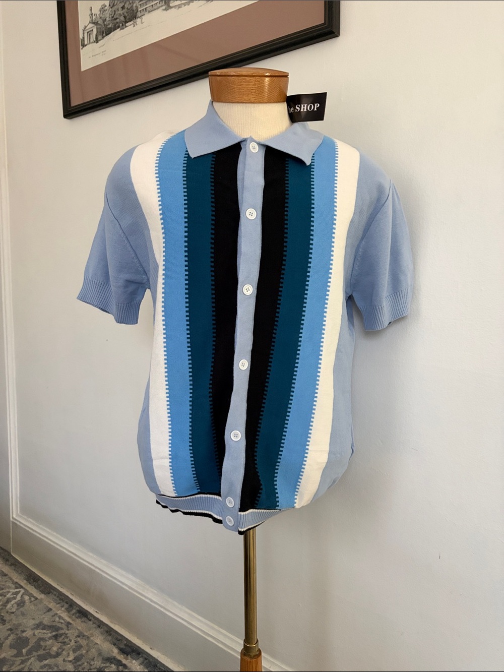 Men's Light Blue Short-Sleeve Striped Polo